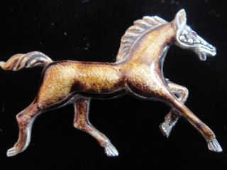 Vtg Alice Caviness Sterling Silver Marcasite Enamel Horse Ruby Eye Brooch Pin