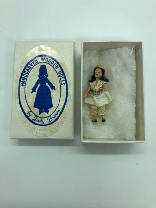 Miniature Vintage Judy Brown Carved Wood Doll 1 3/4 " W/box