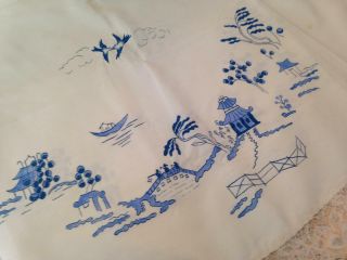 Vintage,  Handcrafted,  Blue Willow,  Oval Table Cloth 90in L X 64in W
