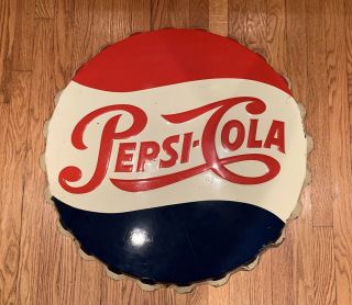 Vintage 1958 Pepsi Cola Advertising Cap Sign 30.  5” Metal Soda