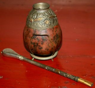 Vintage Yerba Mate Bombilla 800 Silver Argentina 18k Gold Straw Gourd Tea