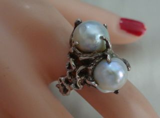 Sterling Hand Crafted Ring W,  8mm Black Pearls On Top Size 8