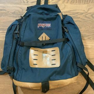 Jansport Vintage Large Back Pack Usa Leather Bottom Navy Blue Nylon Hiking Bag