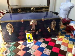 Vintage Antique Steamer Travel Trunk Suitcase,  Key,  Early - Mid 1900s,  Navy/metal