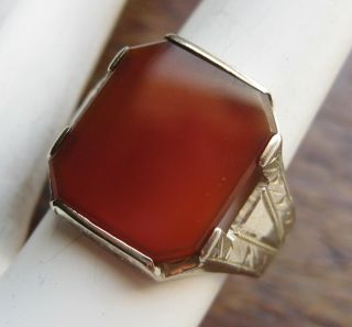 Antique 14k White Gold Red Carnelian Signet Gemstone Vintage Ring 4g