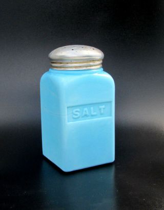 Rare Mckee Chalaine Blue Depression Glass Square Salt Shaker Embossed Letters