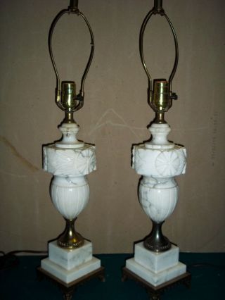 Vintage Pair Tall Marble Alabaster Table Lamps