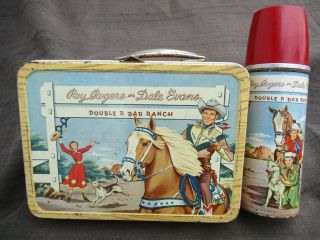 Vintage 1950s Roy Rogers & Dale Evans Wood Grain Lunchbox & Thermos Bottle