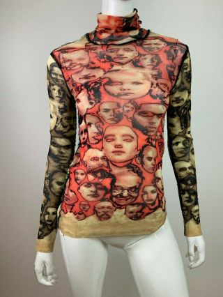 Jean Paul Gaultier Maille Femme Vintage Iconic Faces Print Mesh Top Size M 2