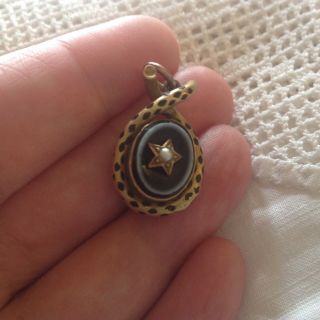 Antique Victorian Gold Enamel Seed Pearl Agate Mourning Pendant