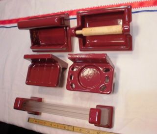 Vintage Burgundy 6 pc.  Ceramic Bathroom Set,  Soap Dishes,  TP Holder,  Towel Bar 2