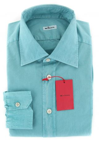 $600 Kiton Turquoise Vintage Wash Shirt - Slim - 15.  75/40 - (kt - H3907 - 13ssa1)