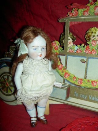Sweet Antique All Bisque,  Jointed Dollhouse Doll 516/3 Molded Eyelids,  Dome Head