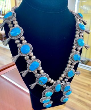 Vintage Sterling Turquoise Squash Blossom Horn Necklace,  24 Inch