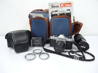 Vintage Asahi Pentax K1000 Slr Film Camera With Carry Bag And Various Lenses
