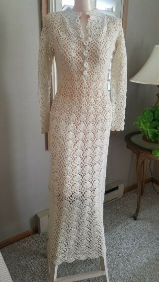 Vtg 70s Cream Boho Sheer Cut Out Hippy Crochet Lace Wedding Maxi Dress S/m