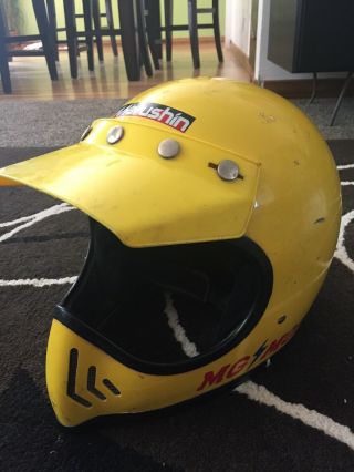 Vintage Rare Yellow Marushin Mg Moto Motorcycle Helmet 8/83 Sz 7 1/8 R