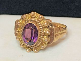 Vintage Estate 18k Yellow Gold Simulated Amethyst Ring Hand Made Filigree
