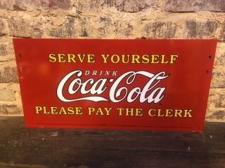 Vintage Coca - Cola Coke 1990 Pay The Clerk Metal Sign Nos Rare 23x11 1/2”