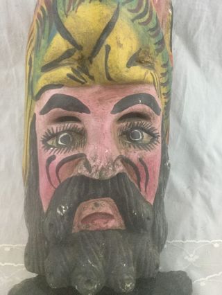 Vintage Mexican Carved Wood Carnival Dance Mask Bearded Man Animal Forehead