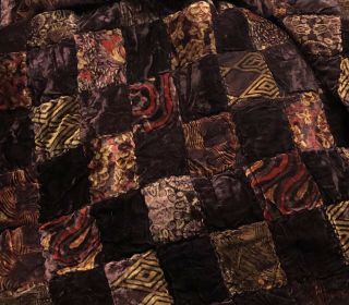Vintage 70s/80s Velvet Patchwork Quilt Chocolate Brown Gold King Bedspread 4