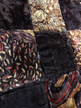 Vintage 70s/80s Velvet Patchwork Quilt Chocolate Brown Gold King Bedspread 5
