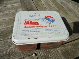 Vintage Made In Germany Enders Benzin - Baby No.  9063 Gasoline Stove In Tin Carrier