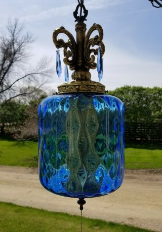 Vintage Mcm Solid Blue Diamond Optic Blown Glass & Prism Hanging Swag Lamp