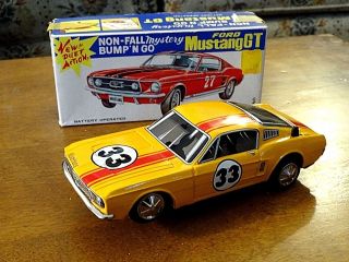 Ford Mustang Gt Battery Bump N Go Vintage Toy Tin Car W/ Box Japan