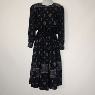 Vintage Diane Freis Silk Dress Blouson Shirred Elastic Waist Womens 10