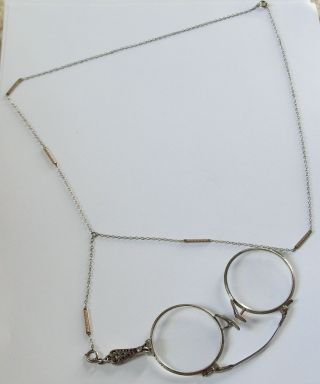 Antique Lorgnette Eye Glasses And Lorgnette Chain Etched White Metal