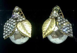Vintage Signed Miriam Haskell G.  Tone Rhinestone & Baroque Pearl Earrings Clips