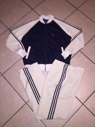 Adidas Vintage Logo Navy Taupe 3 Stripe Track Suit Jacket & Pants Retro Vguc