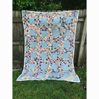 87x61in Vintage Flying Geese Quilt With Blue Base Hand - Stitched