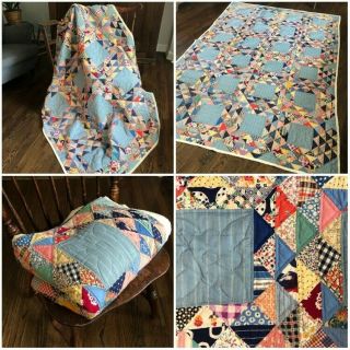 87x61in Vintage Flying Geese Quilt with Blue Base Hand - stitched 2