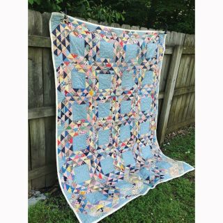 87x61in Vintage Flying Geese Quilt with Blue Base Hand - stitched 4