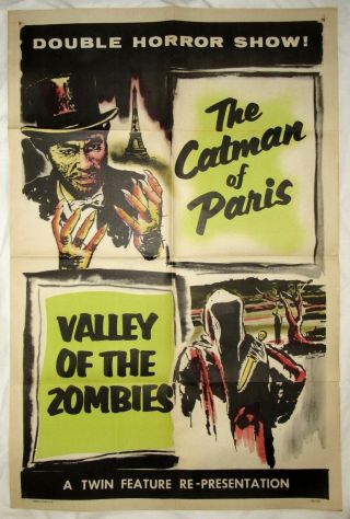 1956 Vintage Horror Poster The Catman Of Paris & Valley Of The Zombies