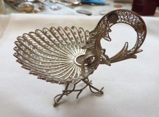 Finely Crafted Silver Peacock? Small Dish From Spain? 1900 - 1940,  USA Ship 3