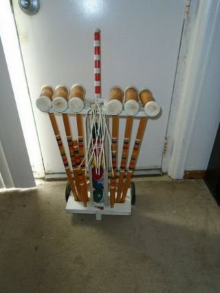 Vintage Wood Croquet Set Mallets Balls Wickets Stakes Metal Cart
