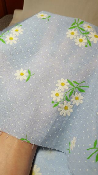 Vtg Light Blue Dotted Swiss Fabric Flocked Daisies 3,  yards x 45.  5 