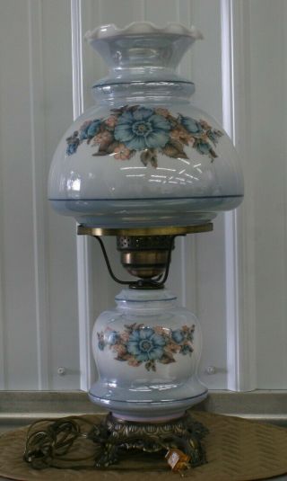 Vintage Hurricane Lamp Blue Floral Rose Design Chimney Ruffled Top Double Globe