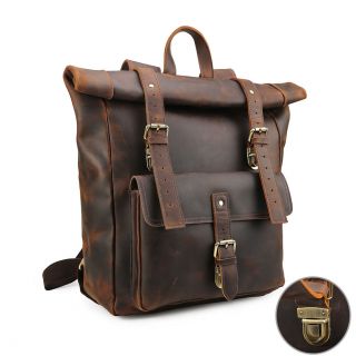Vintage Style Large Mens Real Leather 17 " Laptop Backpack Travel Outdoor Handbag