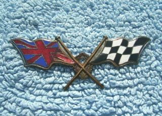 Vintage 1960s Les Leston Crossed Chequered Flags Car Badge - Motor Racing Emblem