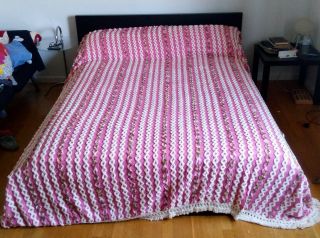 Vintage Chenille Bedspread Cover Blanket Full Double Pink White Harmony Vguc