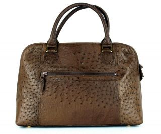 Vintage Ostrich Brown Leather Hand Bag Silver Metal Handbag Purse