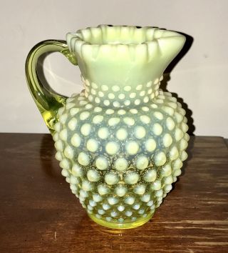 Vintage 5.  5 " Fenton Topaz Opalescent Hobnail Pitcher Yellow Vaseline Glass
