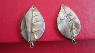 Vintage Signed Antonio Pineda Sterling Silver Abalone Leaf Earrings Shell Mexico