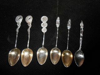6 Antique Japanese/chinese Export Silver Spoons Figural Man - Dragon Bamboo Handle