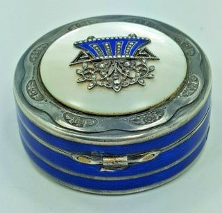 Vintage/Antique Sterling Silver Enamel Mother of Pearl Mirrored Pill Box 3