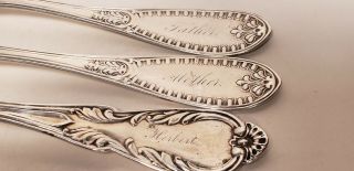 3 ANTQ STERLING SILVER SERVING SPOONS - FORK - enscribed 1852/1866 - 5.  2 ozt - HUTCHKISS 2
